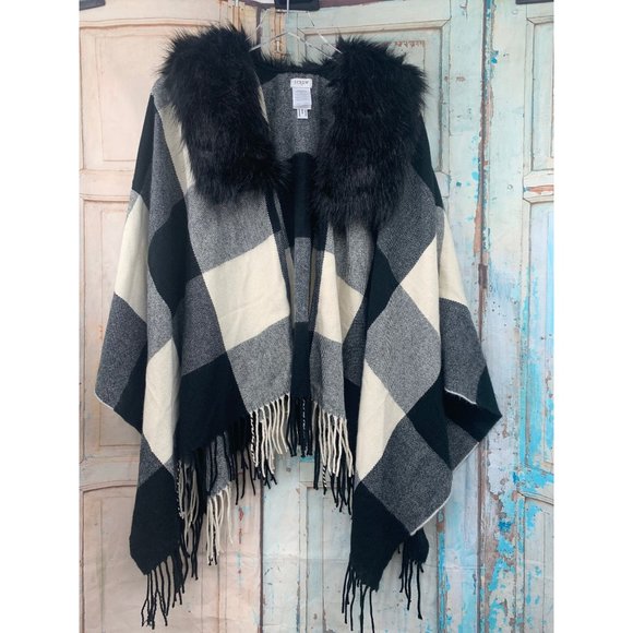 J Crew Womans Cape Scarf with Faux Fur Buffalo Plaid Cream  Black - Picture 1 of 6
